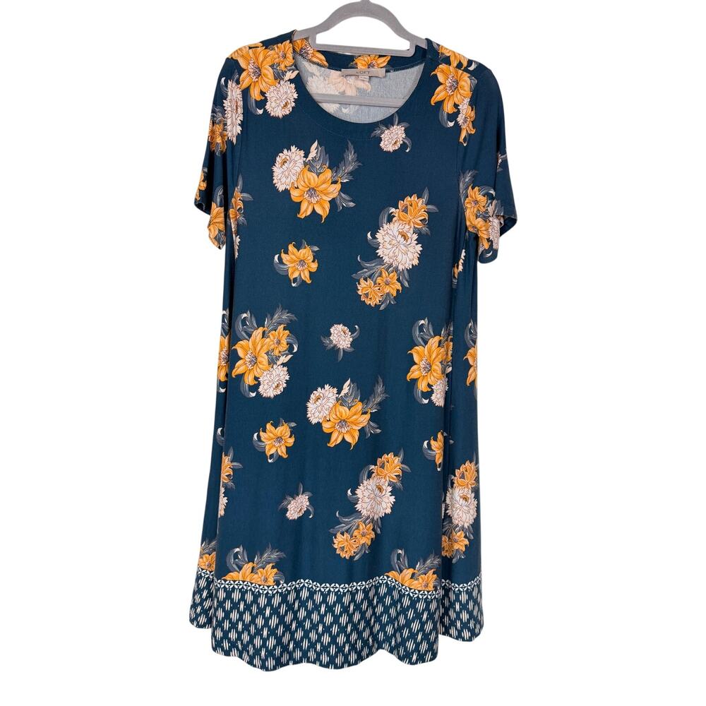 LOFT Blue Floral Swing Dress Size Medium Short Sleeve Rayon Spandex Knee Length
